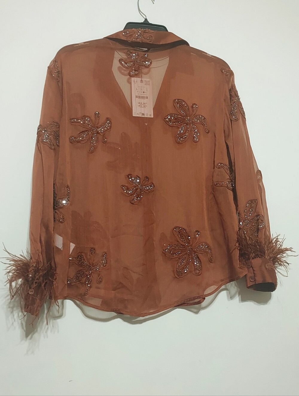 Zara Semi-sheer Floral Beaded Embroidery Feathered Long Sleeve With Front Button - Picture 9 of 11